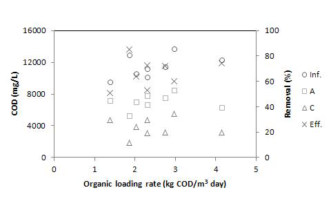 높은 C/N비 조건에서의 유기물 부하에 따른 COD 처리 효율.
