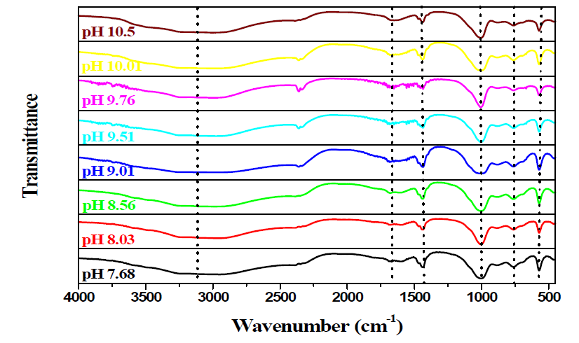 여러 가지 pH에서 제조한 struvite의 FT-IR 스펙트럼.