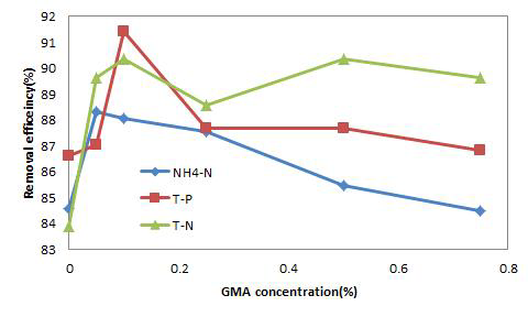 다양한 GMA 조건의 membrane복합공정 후 영양염류의 제거효율.