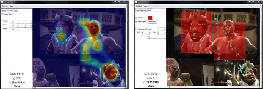 시선에 대한 mapping 분석(좌) 및 AOI 분석(우)