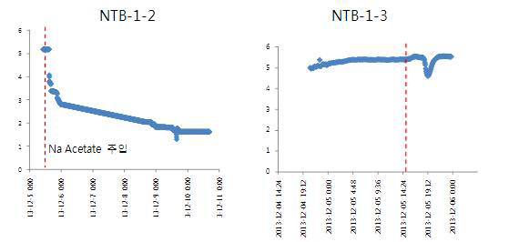 시추공 NTB-1-2에 유기탄소인 Na-acetate을 주입 후 NTB-1-2 및 NTB-1-2 지하수의DO(mg/L) 농도변화