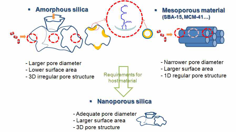 기존 실리카 및 메조포러스 물질의 문제점 및 본 연구에서 사용한 nanoporous silica의 중요성