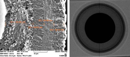 SEM microstructure and X-ray radiography image of SiC TRISO particle for irradiation test