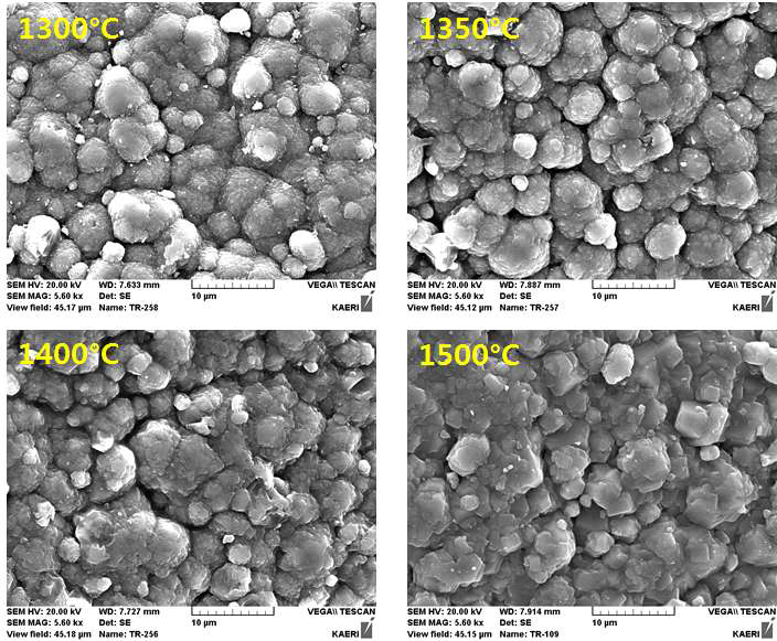 SEM microstructures for the outer surfaces of SiC layers deposited at different temperatures