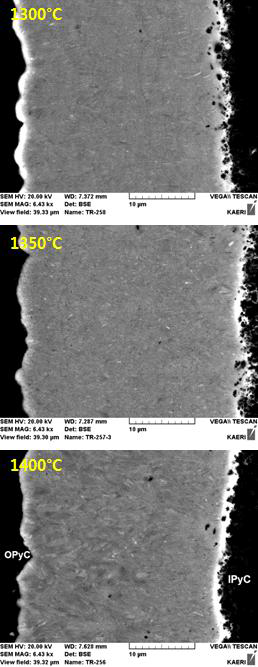 Back-scattered electron images for the polished cross-sections of SiC layers deposited at different temperatures