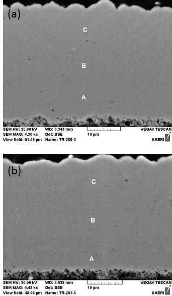 Back-scattered electron images for the polished cross-sections of SiC layers deposited (a) at 1300℃ with a gas flow rate of 3900 sccm and (b) at 1350℃ with a gas flow rate of 3600 sccm