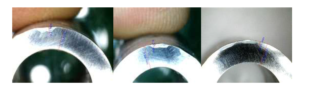 Laser 출력 500W에서의 용접 단면관찰(100% Ar); (a) 용입깊이 0.71mm, (b) 용입 깊이 0.50mm, (c) 용입깊이 0.41mm