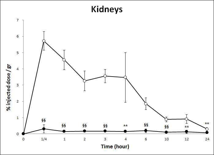 HA-Tm-131I 및 131I을 경구투여 후 시간에 따른 Kidney에서의 radioactivity 변화