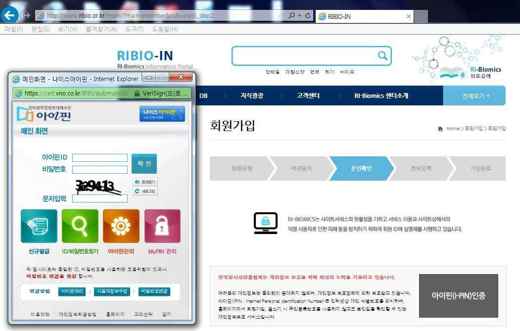 개인정보 인증 단계(I-PIN)화면