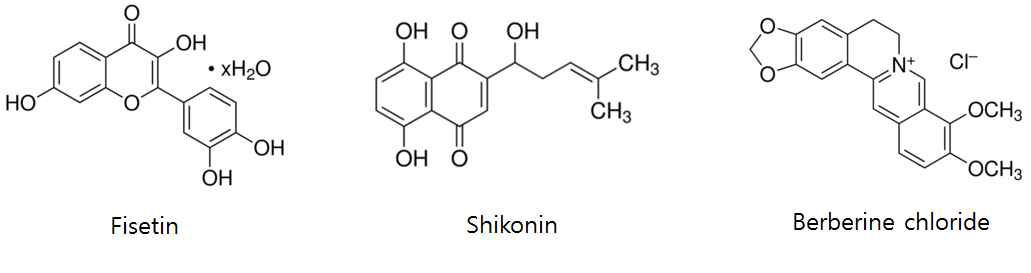 Fisetin, Shikonin, Berberine의 화학적 구조