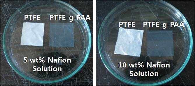 PTFE와 PTFE-g-PAA 다공성 지지체의 Nafion 용액에 대한 젖음성 평가