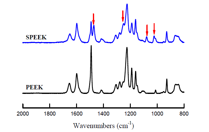 PEEK 및 술폰화된 PEEK의 FT-IR ATR 스펙트라