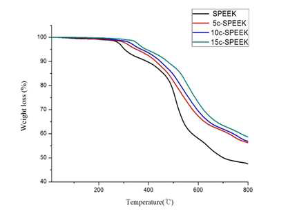 SPEEK와 C-SPEEK(DS 55%)의 TGA 곡선