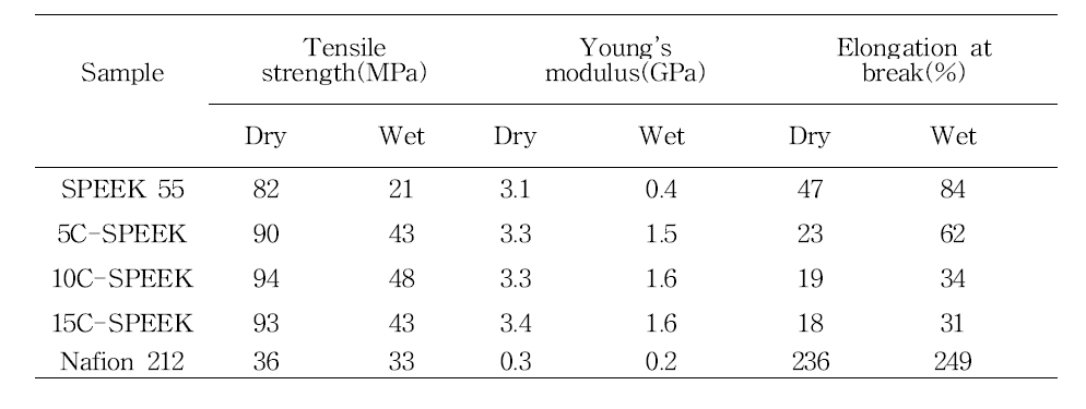 SPEEK 멤브레인(DS 55%)의 인장 특성