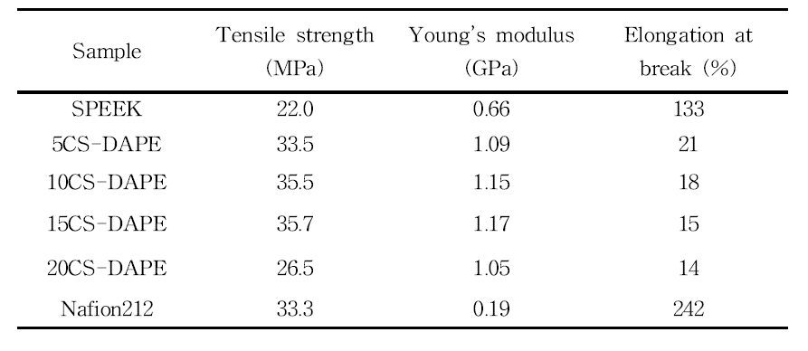 CS-DAPE 멤브레인(DS 60%)의 인장 특성