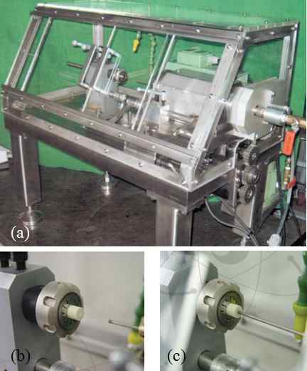 Conventional drilling machine for fuel pellets (a) Horizontal drilling machine for a fuel pellet (previous studies) (b) Diamond drill bit for small depth (c) Diamond drill bit for large depth