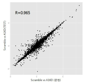 Scramble 대비 A1KD 샘플에서의 fold change 값을 이용한 문헌 결과와 개발 프로그램 간에 재현성 분석 결과