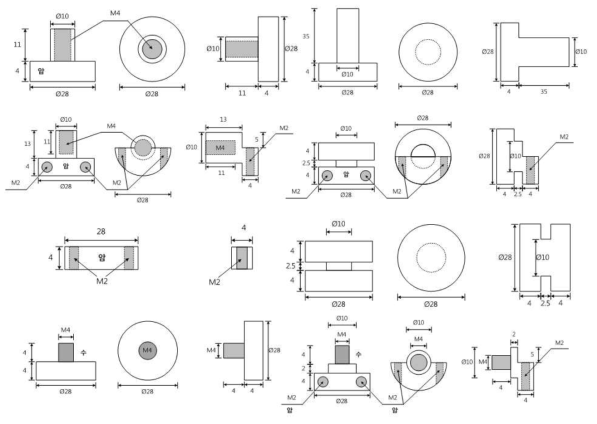 제작한 교정력측정장치를 다양한 응용이 가능하도록 하기 위하여 설계한 각종 지그 도면