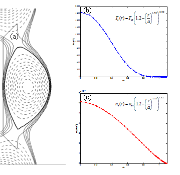 자기선속면 정보(a)와 전자온도(b) 및 전자밀도(c)의 반경 방향에 따른 변화
