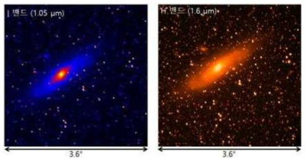 2013년 12월 17일 관측한 안드로메다 은하의 I 밴드(좌)와 H 밴드(우) 영상.