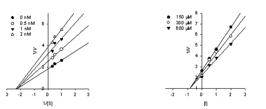 Graphical determination of the type of inhibition for compound 10.