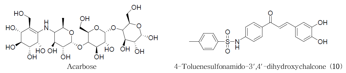 Molecular structures of acarbose and sulfonamide chalcone 4-toluenesulfonamido-3-dihy droxy chalcone (10)