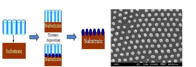 알루미나 포어를 이용한 나노 닷 패턴 생성 계략도 및 패턴 이미지(SEM)
