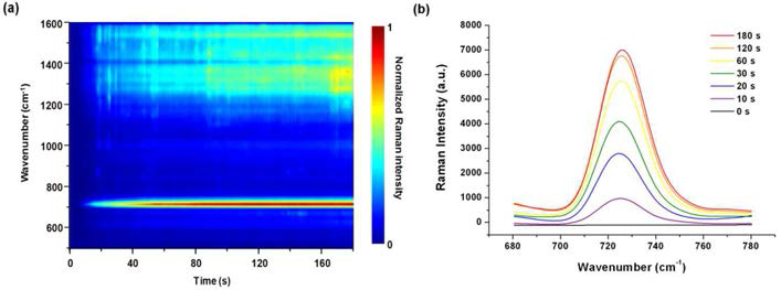 광전자유체제어 기술을 이용하여 아데닌의 SERS 신호를 증폭하고 in situ로 측정한 결과 그래프