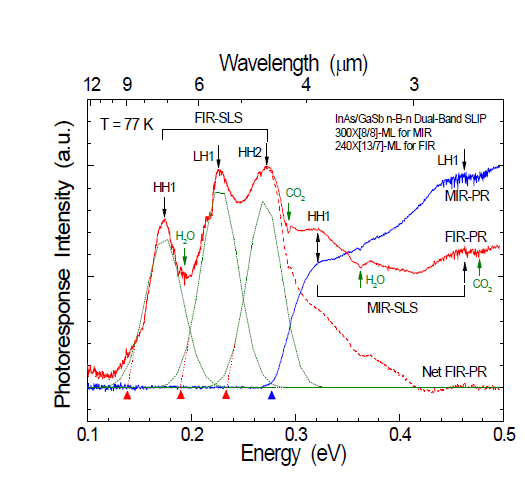 MIR- and FIR-PR spectra taken from dual-band SLIP device under reverse and forward biases at 77 K.