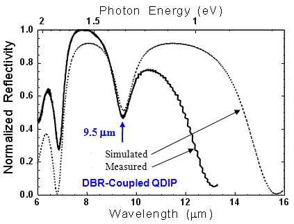 Normalized reflectivity of DBR-coupled DWELL-QDIP structure.