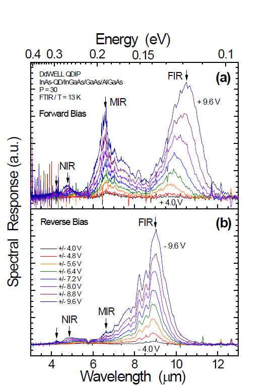 PR spectra of DdWELL-QDIP measured under (a) forward and (b) reverse biases.