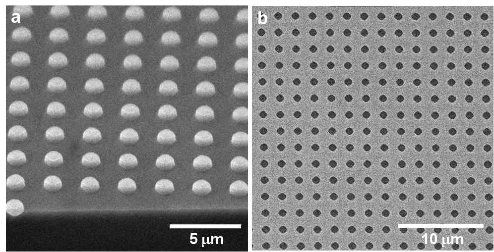 SEM images of PR (a) and SPC (b) patterns formed by using IL.