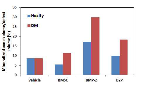 Mineralized bone volume/tissue volume of defect site (%) measured using mico-CT images