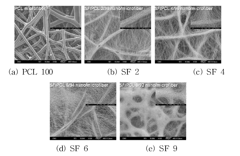 다양한 조성으로 제조된 SF/PCL 나노/마이크로 복합체의 SEM 이미지. (a) PCL 100, (b) SF 2, (c) SF 4, (d) SF 6 and (e) SF 8.