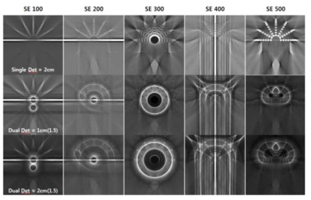 원형궤적에 대해 설계된 5 가지 기본 구동시퀀스에 대해 FBP 알고리즘으로 재구성된 영상의 예: SE100, SE200, SE300, SE400, SE500