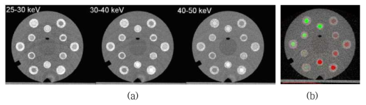 (a)에너지 영역에 따른 다중에너지 CT 영상과 (b)칼라맵핑을 한 K-edge CT 영상