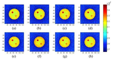 (a) 기존의 K-edge imaging 방법으로 획득한 가돌리늄의 영상, (b) 0.25, (c) 0.5, (d) 0.75, (e) 1.0, (f) 1.25, (g) 1.5, (h) 1.75 mm의 구리 필터를 사용하여 획득한 improved K-edge 영상