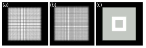 (a) pixel-driven 방법, (b) ray-driven 방법, (c) distance-driven 방법을 이용하여 획득한 프로젝션 영상