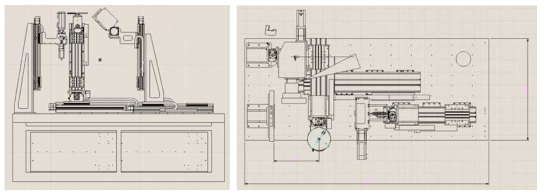 PT 영상시스템의 prototype 구조에 대한 상세 설계: side view(좌), top view(우)