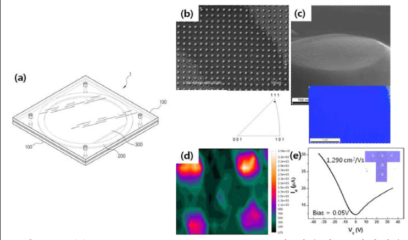 (a) Catalyst vapor-assisted method에 사용되는 웨이퍼용 케이스의 모습, (b) 열처리 후 Cu microdot array 모습, (c) 111면의 single grain임을 보여주는 EBSD 데이터, (d) 고품질의 그래핀을 합성되었음을 보여주는 Raman 데이터, (e) 소자의 transfer 특성