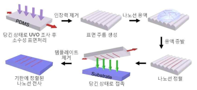 PDMS 주름 템플레이트를 사용한 나노선 정렬 및 전사 모식도