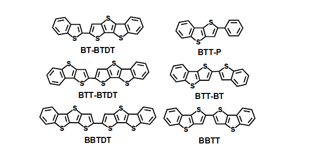 본 연구에서 개발된 fused 티오펜 계열 유기반도체 화학구조 및 유기박막트랜지스터 성능