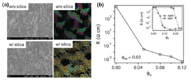 (a) Silica 입자의 포함 유무에 따른 전도성 epoxy 복합체의 구조변화 (좌: SEM 이미지, 우: Monte Carlo 결과) (b) Silica 입자 함유량에 따른 복합체의 전도성 변화(Inset: 전도성 입자의 형상에 따른 저항 변화 비교)