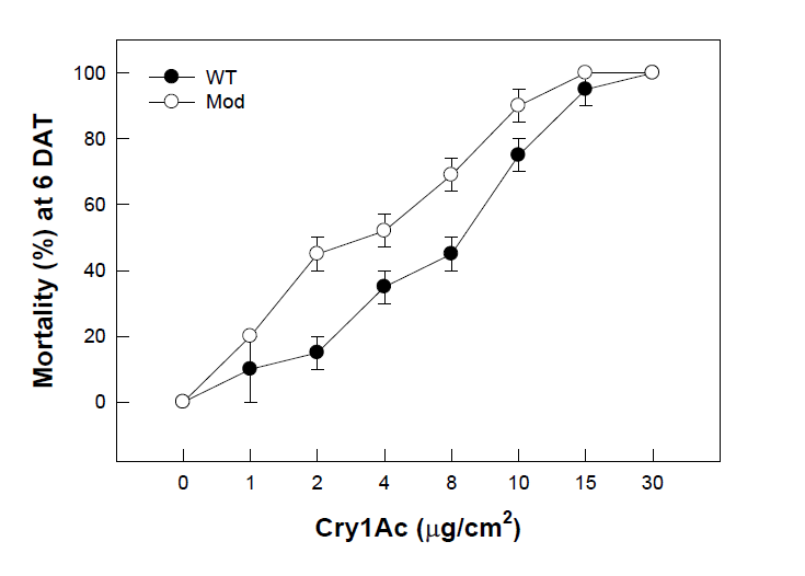 Wild type (Wt)와 Modified (Mod) Cry1Ac 내독소단백질에 대한 파밤나방 3령 유충의 살충력 조사