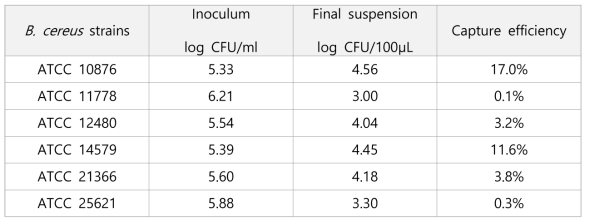 Recovery of B. cereus strains using 20 μL IMBs