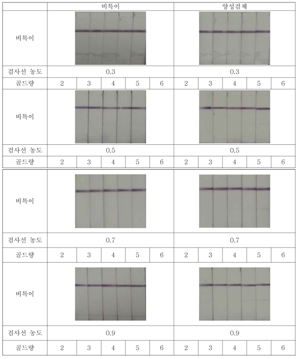 Salmonella 의 검사선 및 금-축합골드량 별 양성감도 테스트