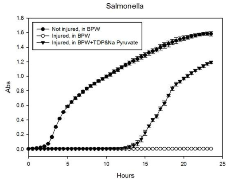살모넬라 손상균에 대하여 BPW에 회복물질 첨가시 lag time 감소 확인
