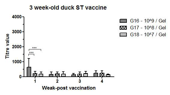 3주령 오리 살모넬라 Gel 어주번트 백신 후 1, 2, 3주차 살모넬라 항체 역가