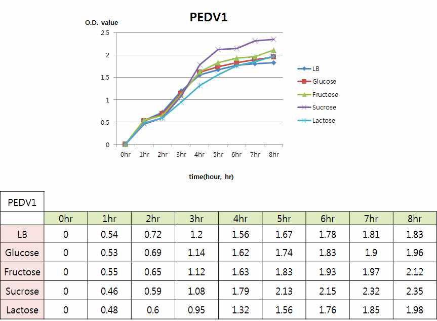 PEDV1 생산 대장균의 탄소원에 따른 생장률 변화