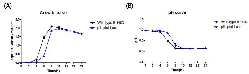 (A) Wild type과 pIL.ptuf.Luc 그룹의 growth, (B) pH drop pattern 확인